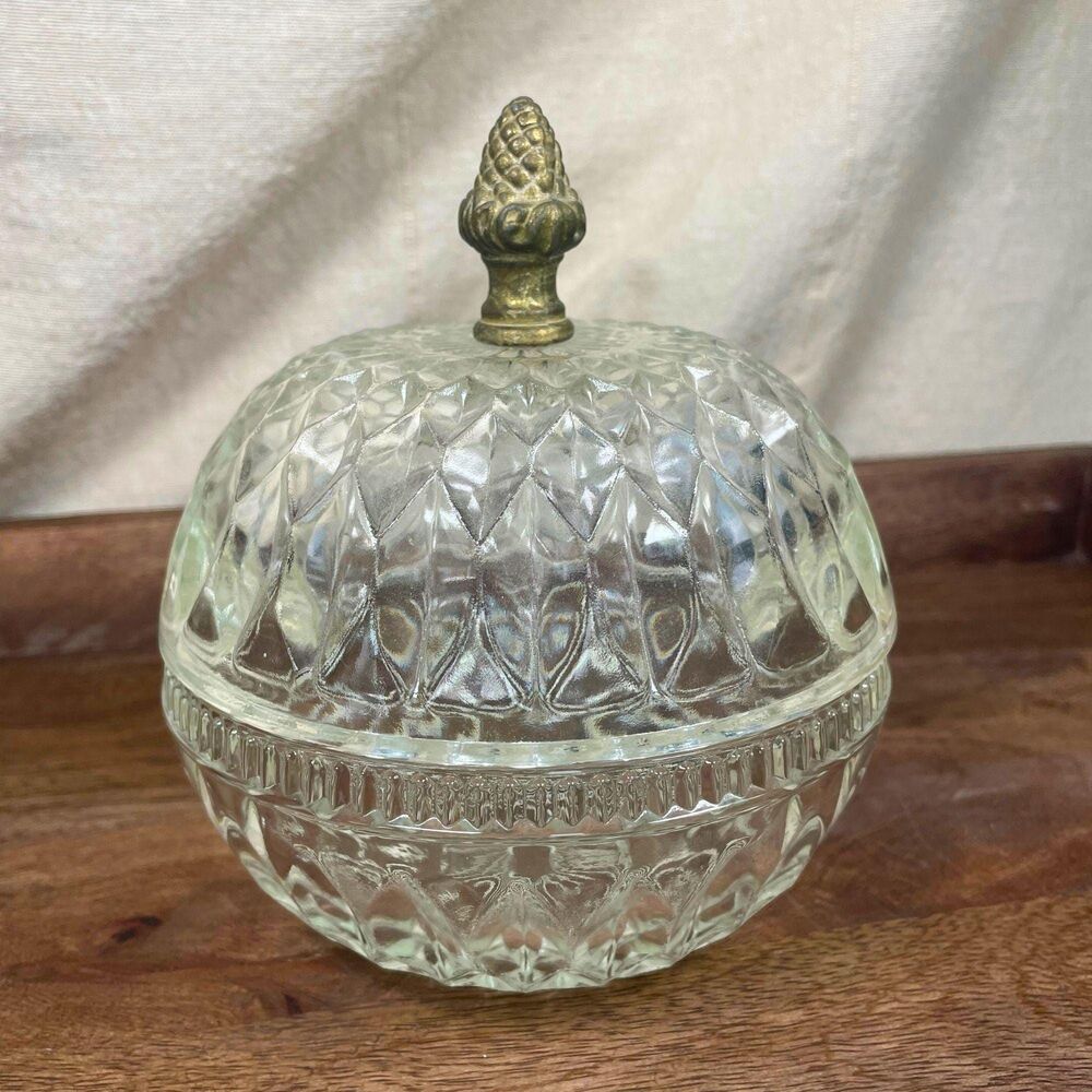 Vintage Indiana Clear Glass Candy Dish Mount Vernon w Metal Acorn Finial